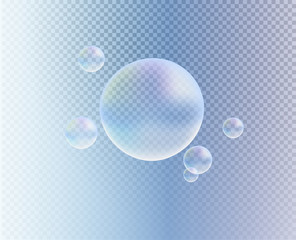 Vector transparent colorful soap bubble.  3d realistic bubbles on blue transparent background. Big and small. Soap water bubbles, water, oxygen, drop, air. Close up. 