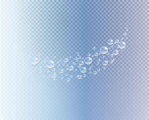 splash of bubbles of water or oxygen on blue transparent background. 3d vector realistic. underwater air, rain, effervescent drink, champagne, air, gas bubbles, soap, shampoo, foam or water.