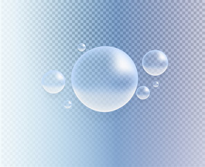 Fototapeta na wymiar Vector transparent colorful soap bubble. 3d realistic bubbles on blue transparent background. Big and small. Soap water bubbles, water, oxygen, drop, air. Close up. 