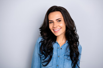 Fototapeta premium Close up photo amazing attractive beautiful glad her she pretty lady long wave wealth hair styling shoulders white teeth wear casual jeans denim shirt clothes outfit isolated grey background