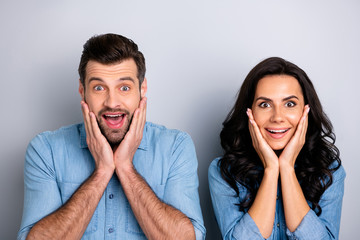 Close up portrait beautiful amazing she her he him his couple lady guy look wondered unbelievable...