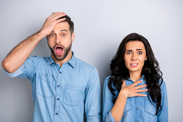 Close up portrait beautiful amazing she her he him his couple lady guy look oh no facial expression...