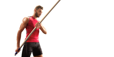 Isolated Young male pole vault athlete with pole bar. Men in sport clothes on white background