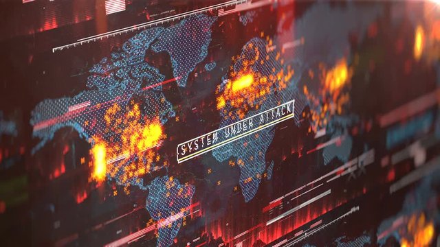 Map of servers under attack, security breach, virus spreading in system. Generic hacking attack all around the globe