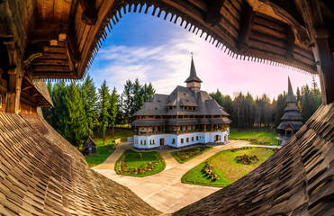 Unique wide view of Barsana monastery, Maramures region of Romania in Europe - obrazy, fototapety, plakaty