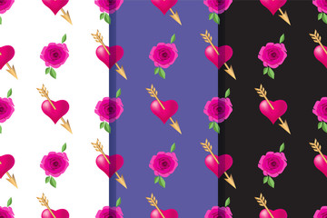 Obraz premium Set of three seamless patterns with hearts pierced by golden arrows and roses. Valentines Day holidays typography. Vector EPS10.