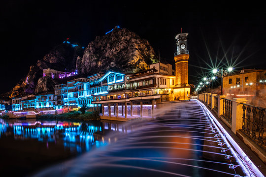 Old Ottoman houses night by the Yesilirmak River in Amasya City. Amasya is popular tourist destination in Turkey.