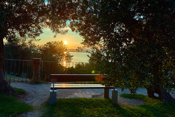 Beautiful sunset in Sirmione the historical town on peninsula in Garda lake, Lombardy, Italy