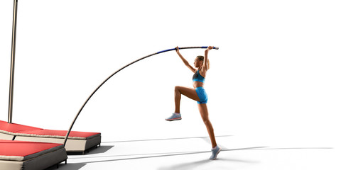 Isolated Young female pole vault athlete with pole bar in starting line. Women in sport clothes on...