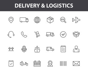 Set of 24 Delivery and logistics web icons in line style. Courier, shipping, express delivery, tracking order, support, business. Vector illustration.