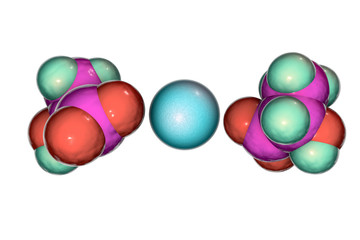 Calcium lactate molecule, 3D illustration, it is used in food industry as food additive E327 and as medication