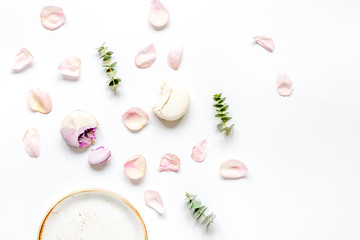 woman breakfast with rose and macaroons white table top view mockup