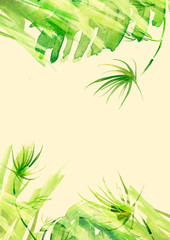 Watercolor Branches, green leaves, fern, palm,liana mint, bamboo. With a place for writing. abstract background, pattern, postcard, card, label. green spot, splash of paint, blot, divorce, color.