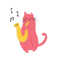 Naklejka premium Funny cat playing saxophone. Vector illustration