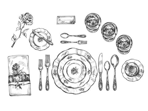 Set of vintage dishes, glasses and cutlery