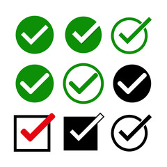 Tick icons vector symbol set, checkmarks collection isolated on white background, checked icon or correct choice sign, check mark or checkbox pictogram
