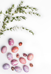 Multicolored Easter eggs with green branch isolated on white background, copy space top view