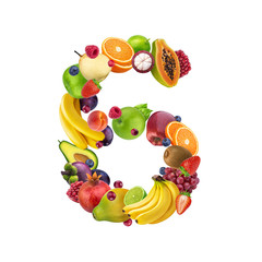 Number six made of different fruits and berries, fruit alphabet isolated on white background