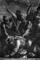 9th Stations of the Cross, Jesus falls the third time, Church of All Saints in Blato, Korcula island, Croatia