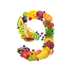 Number nine made of different fruits and berries, fruit alphabet isolated on white background