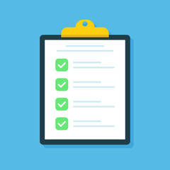 Clipboard with checklist icon. Checklist complete tasks, to-do list, survey, exam concepts. Best quality. Flat illustration of clipboard with checklist icon for web. Vector.