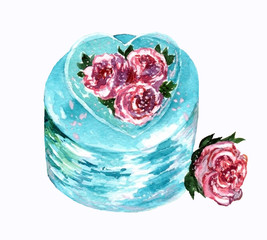 watercolor turquoise cake with heart and roses