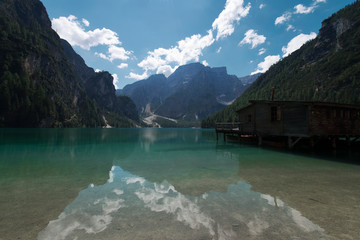 View of the Braies Lake ( Pragser Wildsee, also called Lago di Braies or Lake Prags ) in Dolomites mountains, Sudtirol, Trentino Alto Adige, Italy