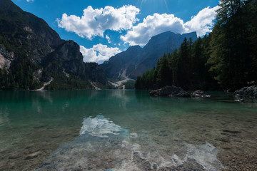 View of the Braies Lake ( Pragser Wildsee, also called Lago di Braies or Lake Prags ) in Dolomites mountains, Sudtirol, Trentino Alto Adige, Italy
