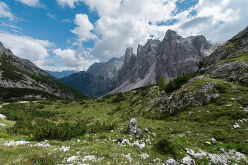 Dolomites green and blue landscape. Beautiful peaks in the background, Dolomites, Sudtirol, Trentino Alto Adige, Italy