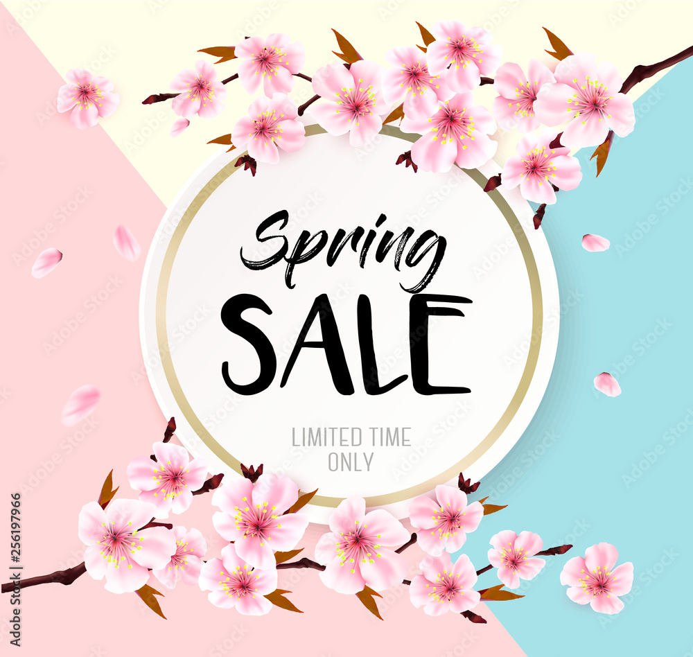 Poster spring sale background with a pink blooming sakura. vector