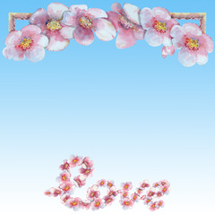 love“ letters with hand painted  sakura blossom in watercolor on a blue gradient  background.
