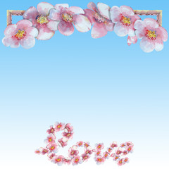 Fototapeta premium love“ letters with hand painted sakura blossom in watercolor on a blue gradient background.