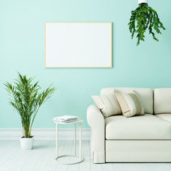 Leerer weißer Bilderrahmen in Wohnzimmer mit Couch