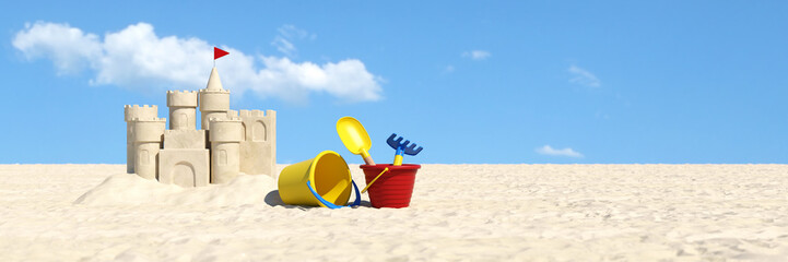 Sandburg und Sandspielzeug am Strand im Urlaub - obrazy, fototapety, plakaty