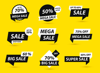 Sale tags collection. Special offer, big sale, discount, best price, mega sale banner set. Shop or online shopping. Sticker, badge, coupon, store. Vector Illustration.