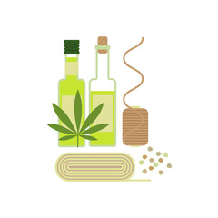 Hemp products concept. Oil, cloth and seeds of cannabis