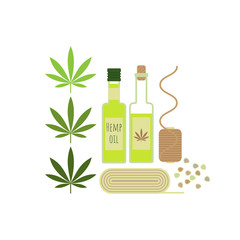 Hemp products concept. Oil, cloth and seeds of cannabis