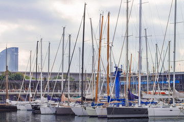 Yachts at the sea harbor in the evening, Barcelona, Spain