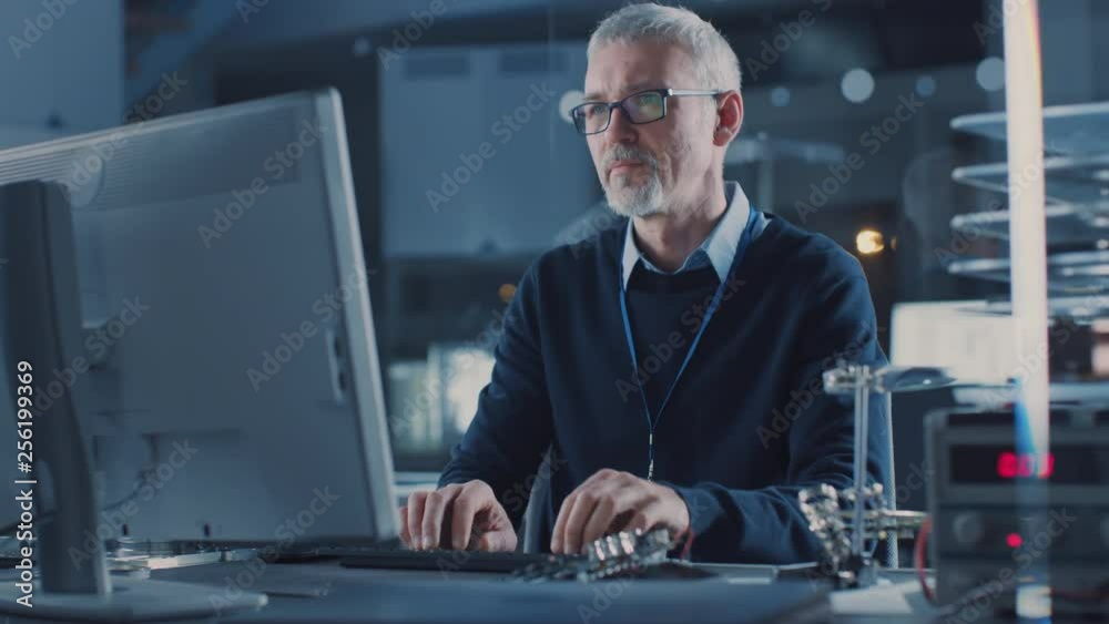 Poster middle aged electronics repair engineer working on personal computer in his workshop, checks motherb