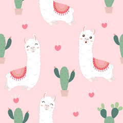 Seamless pattern with cute Alpacas and Cactus.