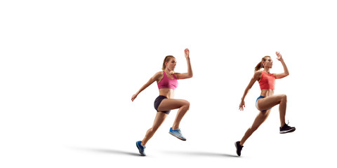 Isolated Female athletes sprinting. Women on white background in sport clothes run