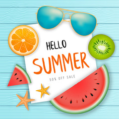 Summer Sale web banner. Top view on sunglasses, watermelon, kiwi, orange and starfish on wooden texture.