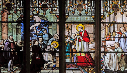 St. Aloysius Gonzaga receiving first communion from the hands of Saint Charles Borromeo, stained...