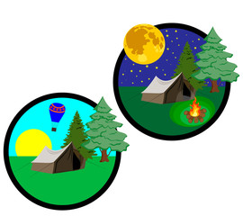 Obraz na płótnie Canvas icons which shows the elements of travel day and night with a tent, fire and starry sky.