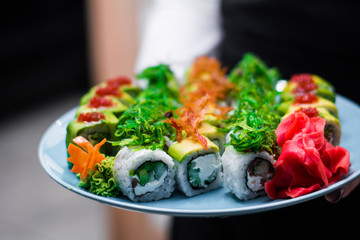 menu sushi rolls fish bkrger food cafe restaurant dining vegetables meat