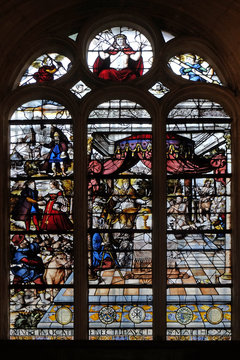 Stained glass windows in the church depicts The Parable of Those Invited to the Wedding Feast, Saint Etienne du Mont Church, Paris, France