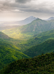 Fototapeta premium black river gorges national park viewpoint, spectacular panoramic landscape of mountains covered by forest in the Mauritius island