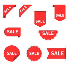 Sale Label collection set. Sale tags. Discount red ribbons, banners and icons. Shopping Tags. Sale icons. Red isolated on white background, vector illustration.
