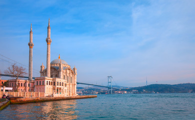 Fototapeta na wymiar Ortakoy mosque and Bosphorus bridge - Istanbul, Turkey 