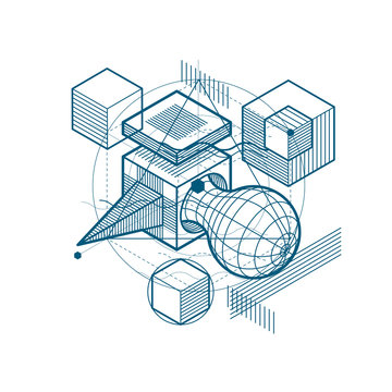 Abstract design with 3d linear mesh shapes and figures, vector isometric background. Cubes, hexagons, squares, rectangles and different abstract elements.